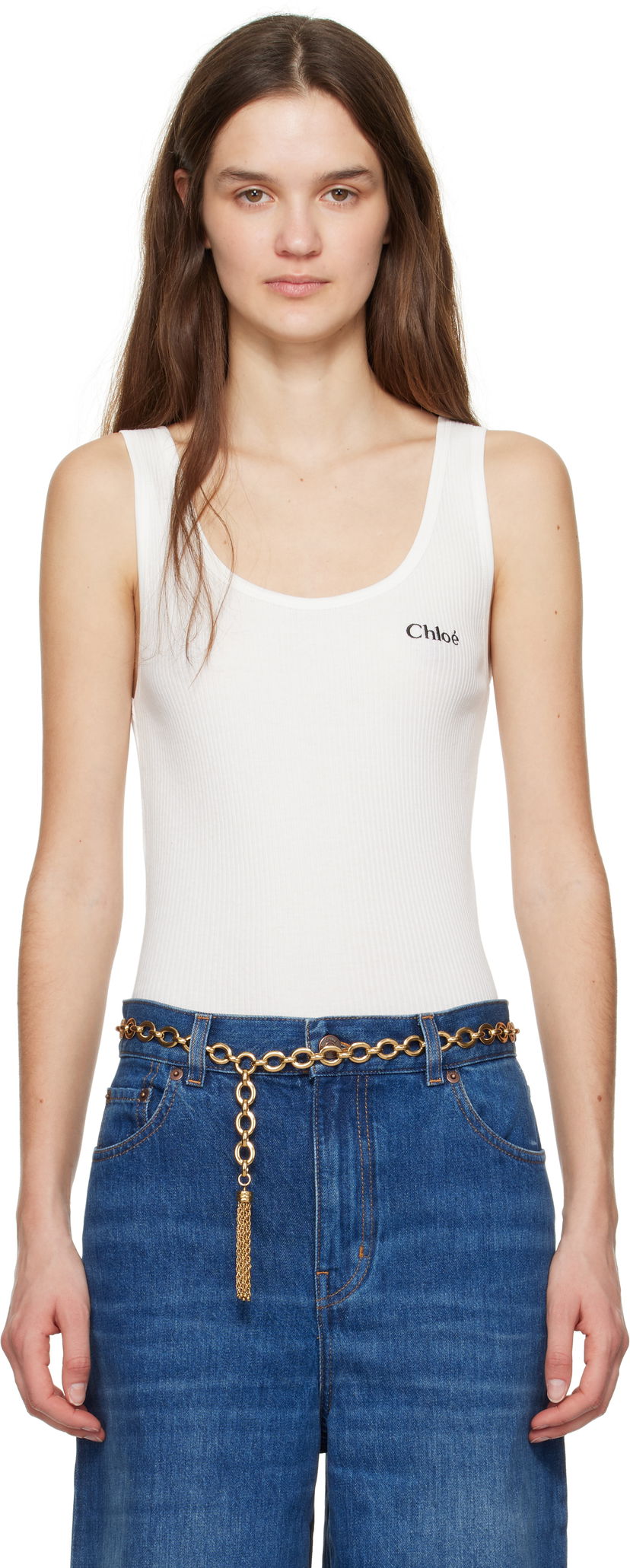 Ремені CHLOÉ Chloé Ribbed Logo Tank Top Металік | CH25SJH12180