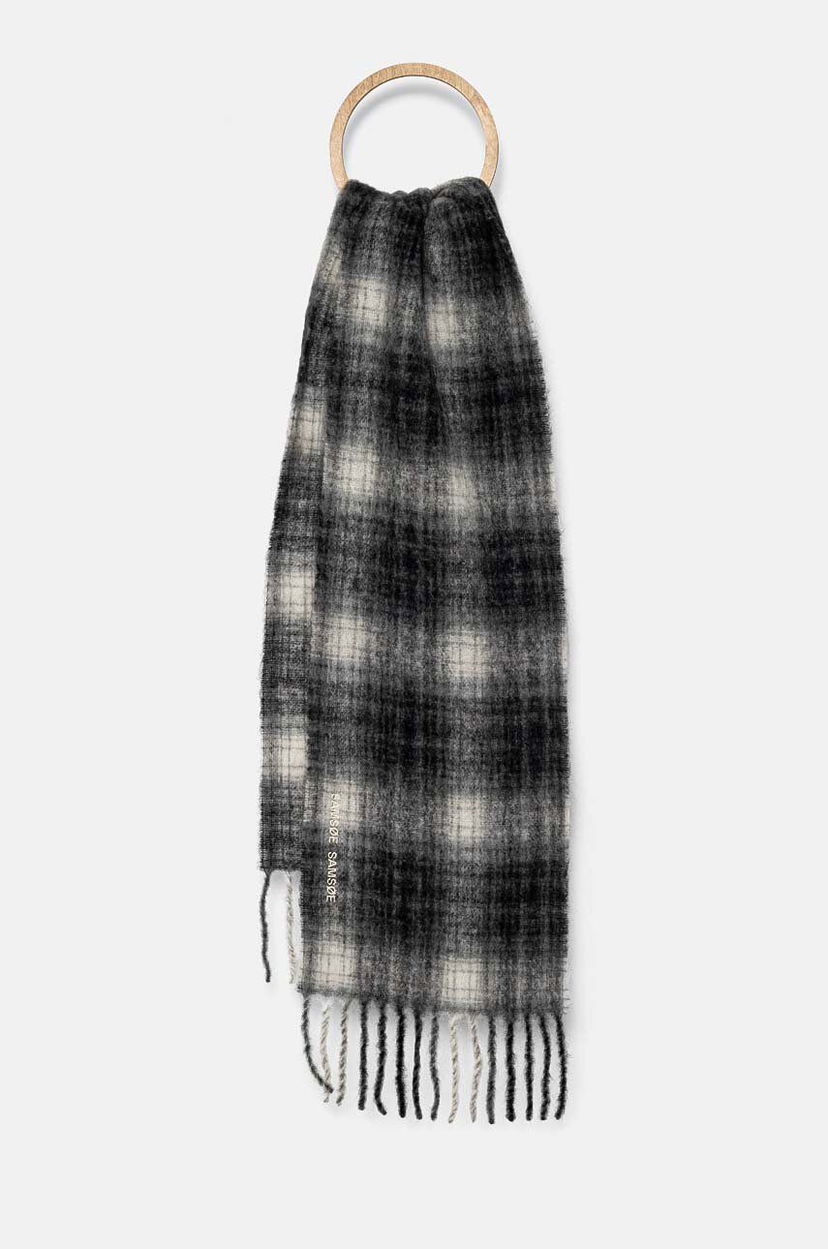 Шарф Samsoe Samsoe Samsoe Samsoe Checked Wool Scarf with Fringed Ends and Wooden Ring Різнокольоровий | U23300003