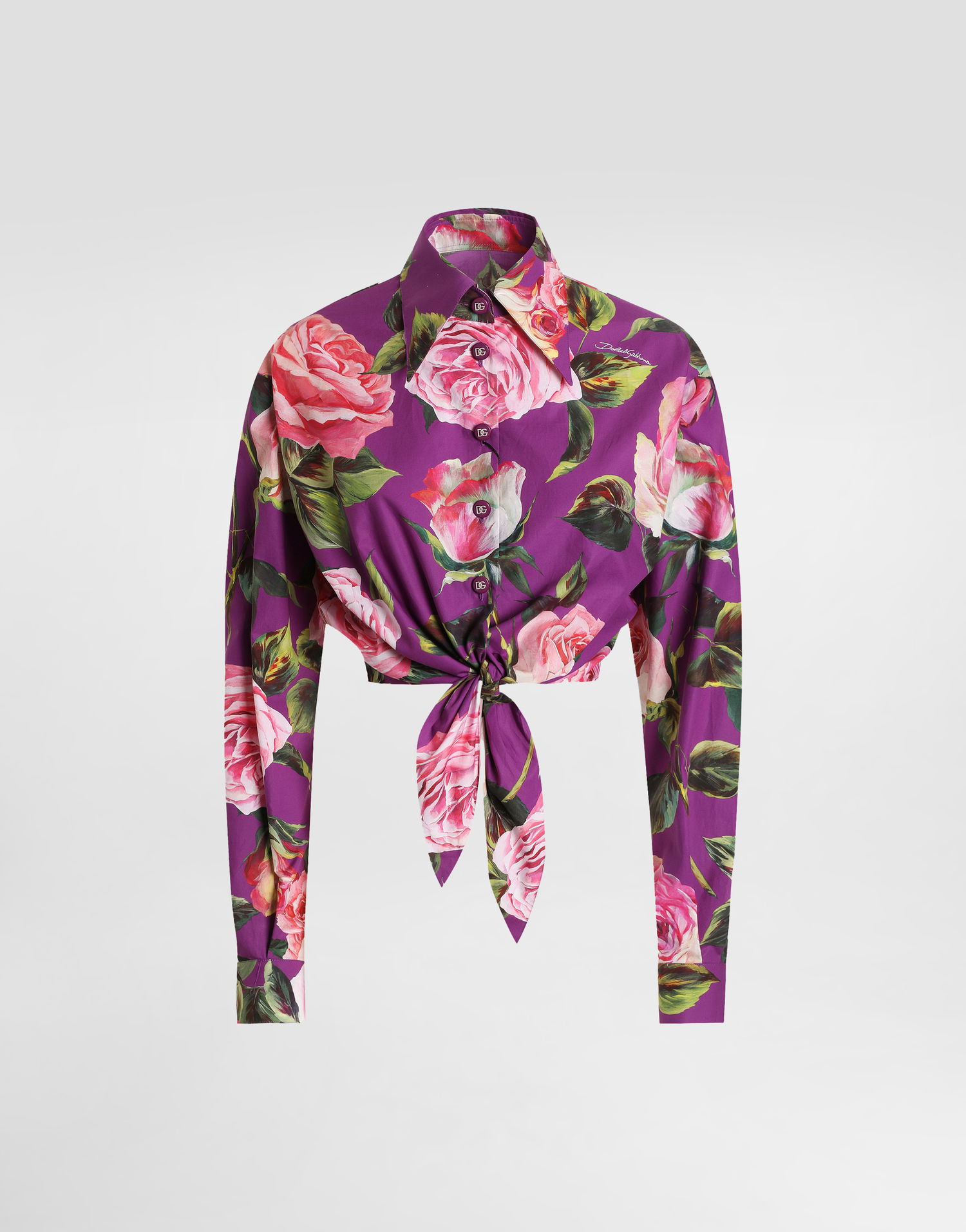 Сорочка Dolce & Gabbana Dolce & Gabbana Rose Print Tie-Front Cropped Shirt Фіолетовий | F5R73THS5TDHP5IG, 0