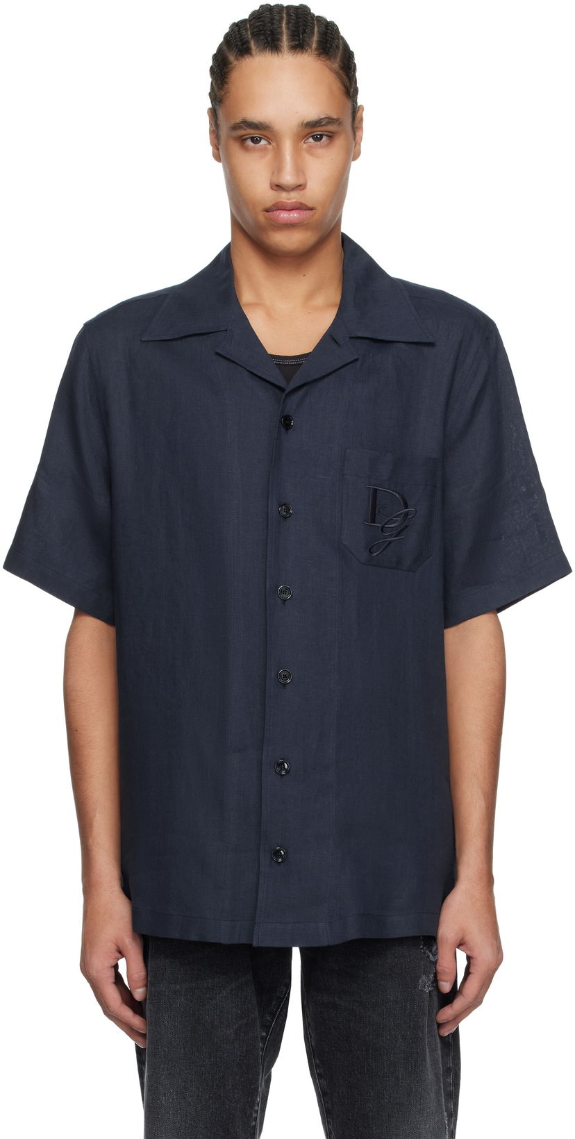 Сорочка Dolce & Gabbana Dolce&Gabbana Logo Embroidered Linen Resort Shirt темно-синій | G5JH9ZFU4LG