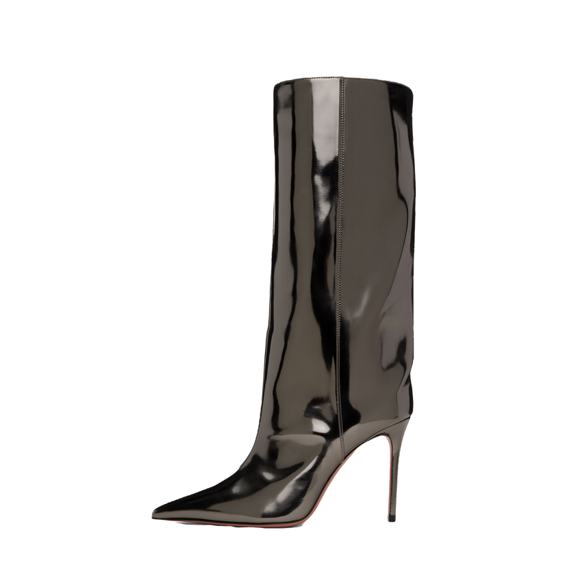 Кросівки та взуття Amina Muaddi Fiona 95 Metallic Leather Tall Boots чорний | FIONA BOOT 95