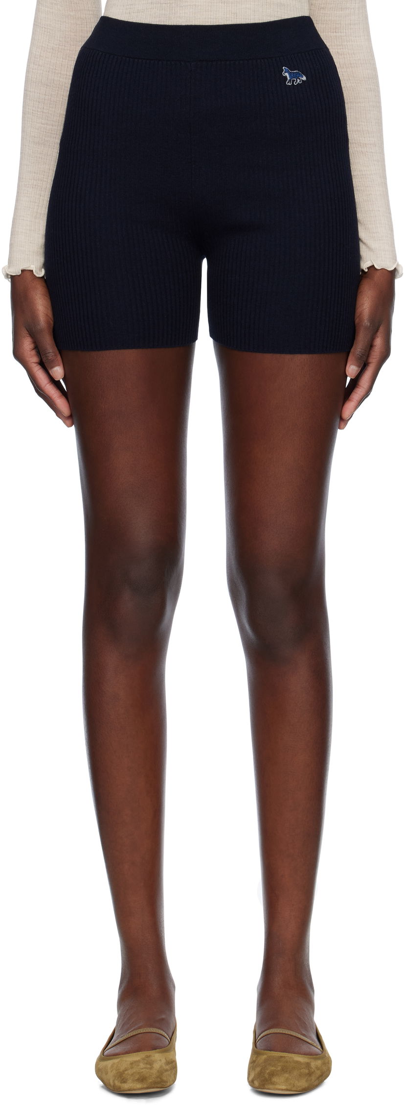 Шорти MAISON KITSUNÉ Maison Kitsuné Baby Fox Patch Fine Ribbed Shorts темно-синій | OW01116KT1091