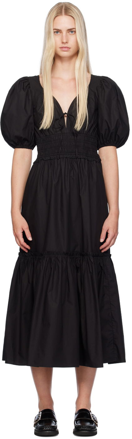 плаття GANNI Shirred Puff Sleeve Maxi Dress чорний | F9346