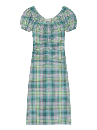 плаття GANNI Seersucker Check Gathered Dress Бірюзовий | F7654-759