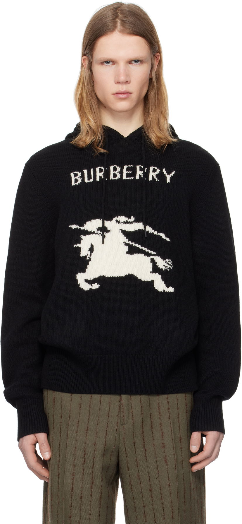 Cветр Burberry Intarsia Knight Logo Wool Cashmere Hoodie чорний | 8104522