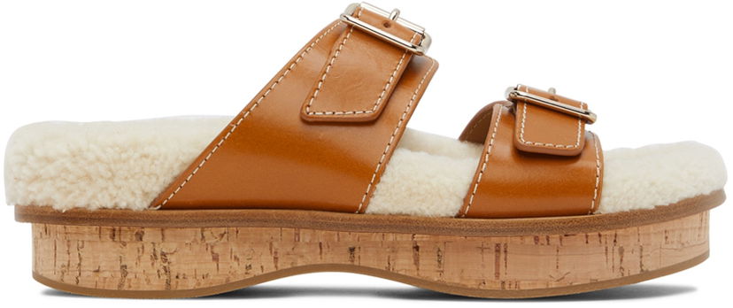 Кросівки та взуття CHLOÉ Chloé Marah Shearling Cork Platform Mules Коричневий | CHC22A679AK