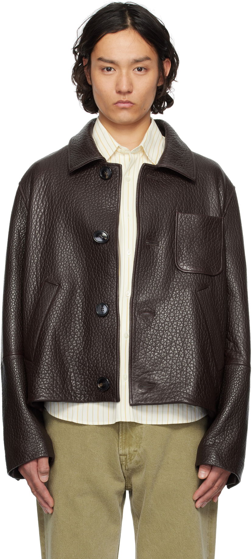 Куртка AMI AMI Paris Buttoned Leather Jacket Коричневий | UJK270.LH0050