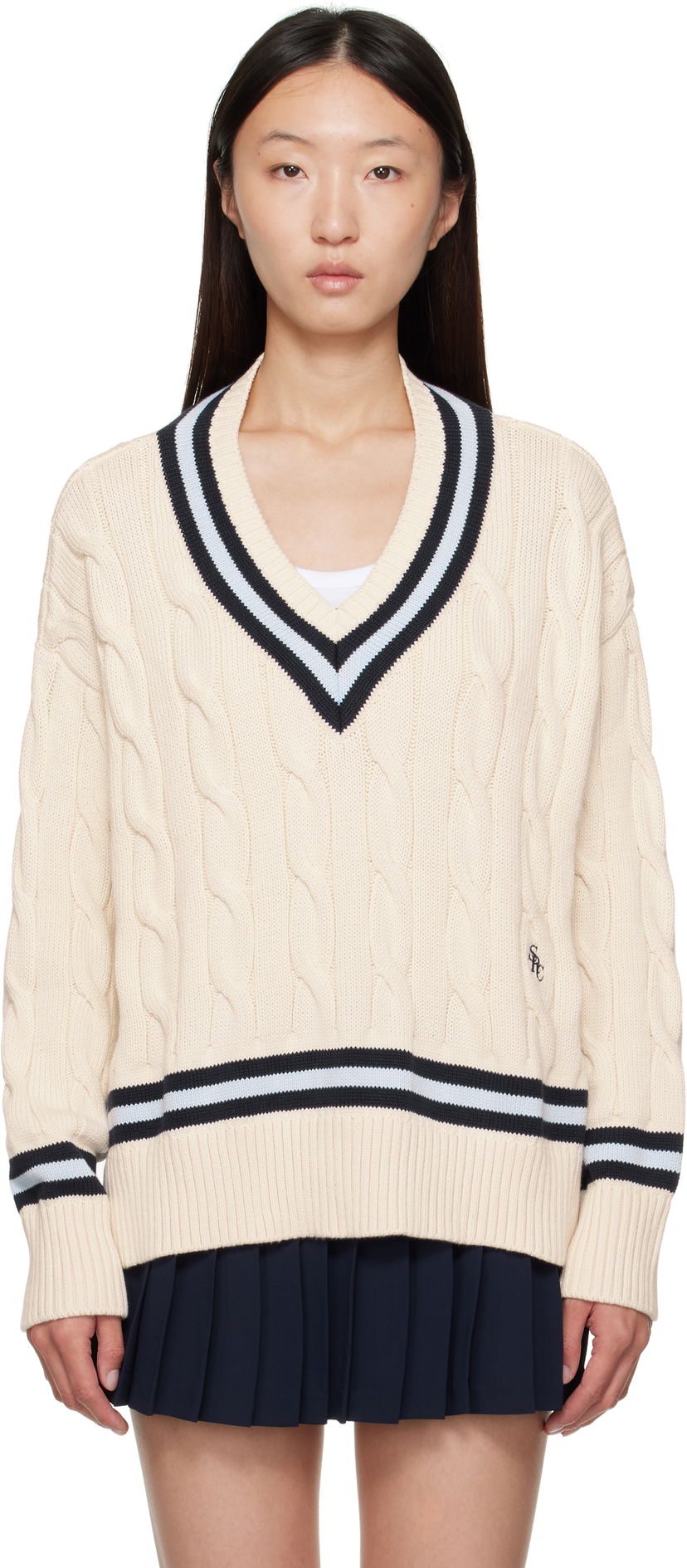Cветр Sporty & Rich Sporty & Rich Cableknit V-Neck Sweater бежевий | WS011602302WH38