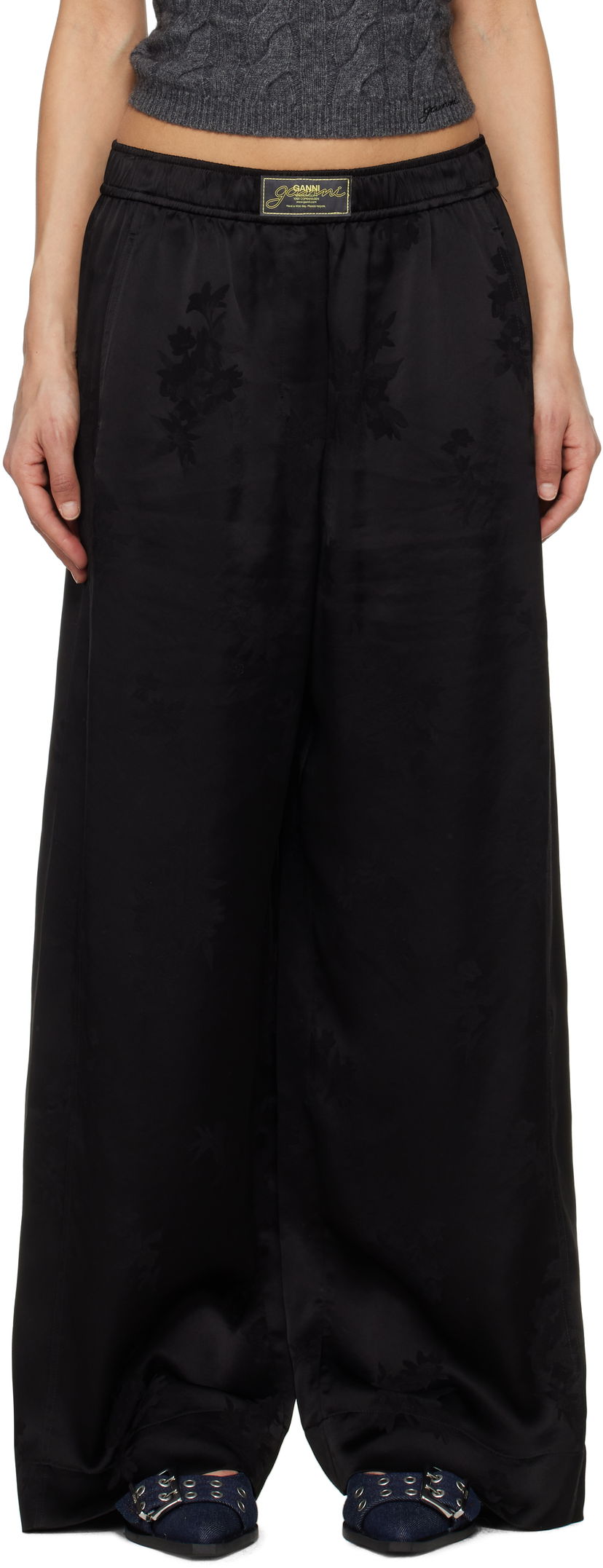 Штани GANNI GANNI Satin Jacquard Trousers чорний | W0383