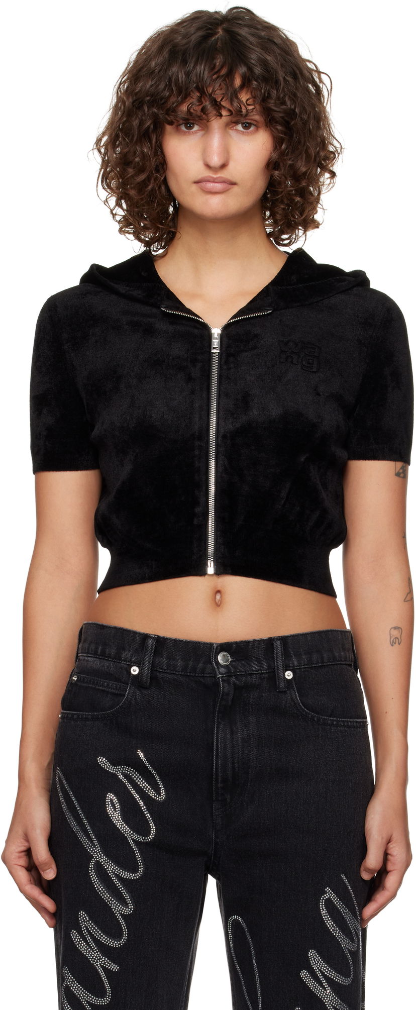 Світшоти Alexander Wang Alexander Wang.t Cropped Velour Zip-Up Hoodie чорний | 4KC4243003