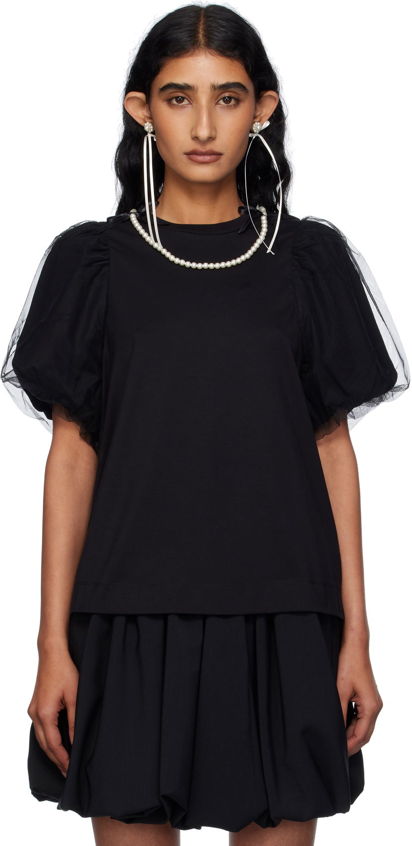 Футболка Simone Rocha Simone Rocha Embellished Tulle Overlay Puff Sleeve T-Shirt чорний | 5397B 0553