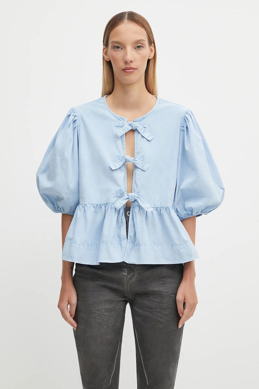 Сорочка GANNI GANNI Washed Stretch Cotton Peplum Tie-Front Blouse Синій | W0970