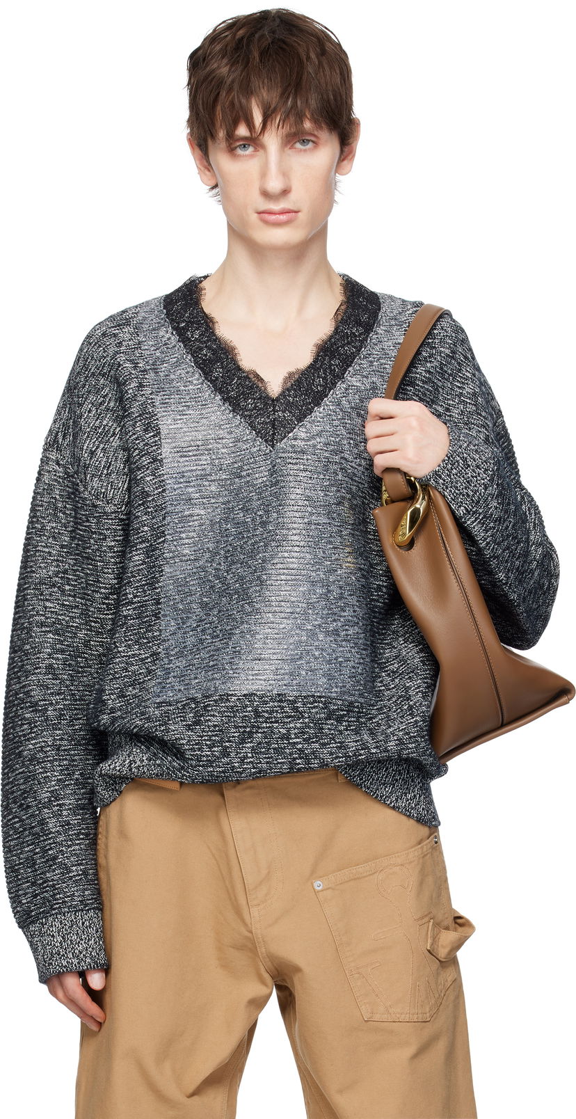 Cветр JW Anderson JW Anderson V-Neck Lace Trim Sweater Сірий | KW1360-YN0402