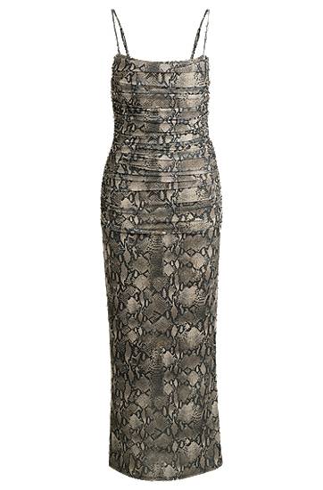 плаття BOSS Snakeskin Print Ruched Mesh Corset Midi Dress Сірий | 50540915