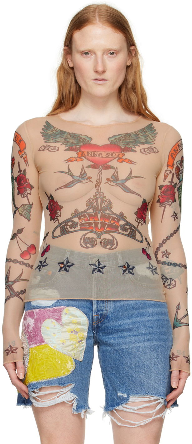 Футболка Anna Sui Anna Sui Tattoo Mesh Long Sleeve T-Shirt бежевий | 224P21