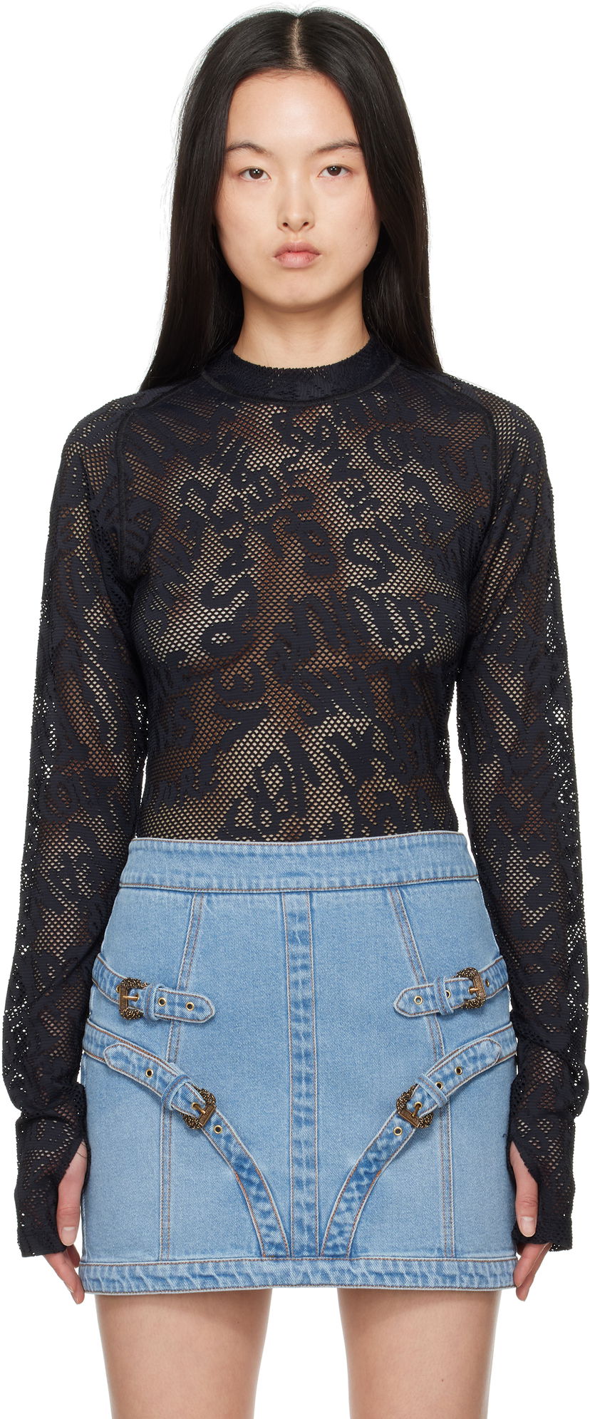 Cветр Versace Versace Jeans Couture Fishnet Long Sleeve T-Shirt чорний | E78GAH611_EJ0200