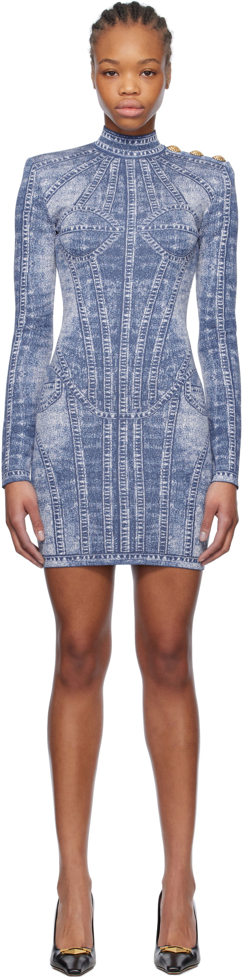 плаття Balmain Balmain Jacquard Denim Effect Minidress Синій | EF1R8237KH80