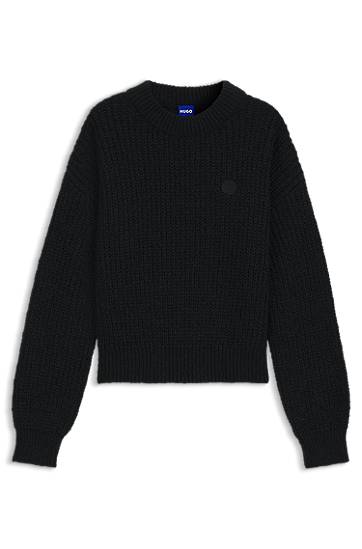 Cветр BOSS Relaxed-fit knitted sweater with Happy HUGO badge чорний | 50548138, 0