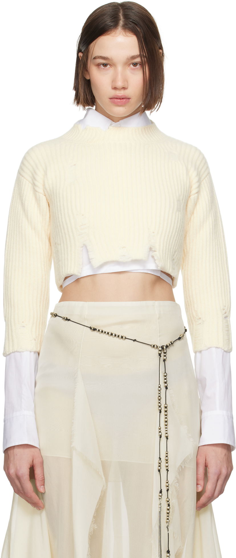 Cветр Ann Demeulemeester Cropped Distressed-Hem Sweater білий | 2402-W-KN30-KN048-003