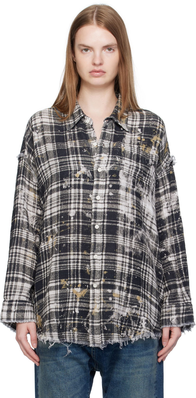 Сорочка R13 R13 Shredded Seam Drop Neck Plaid Shirt чорний | R13WR075-R557B