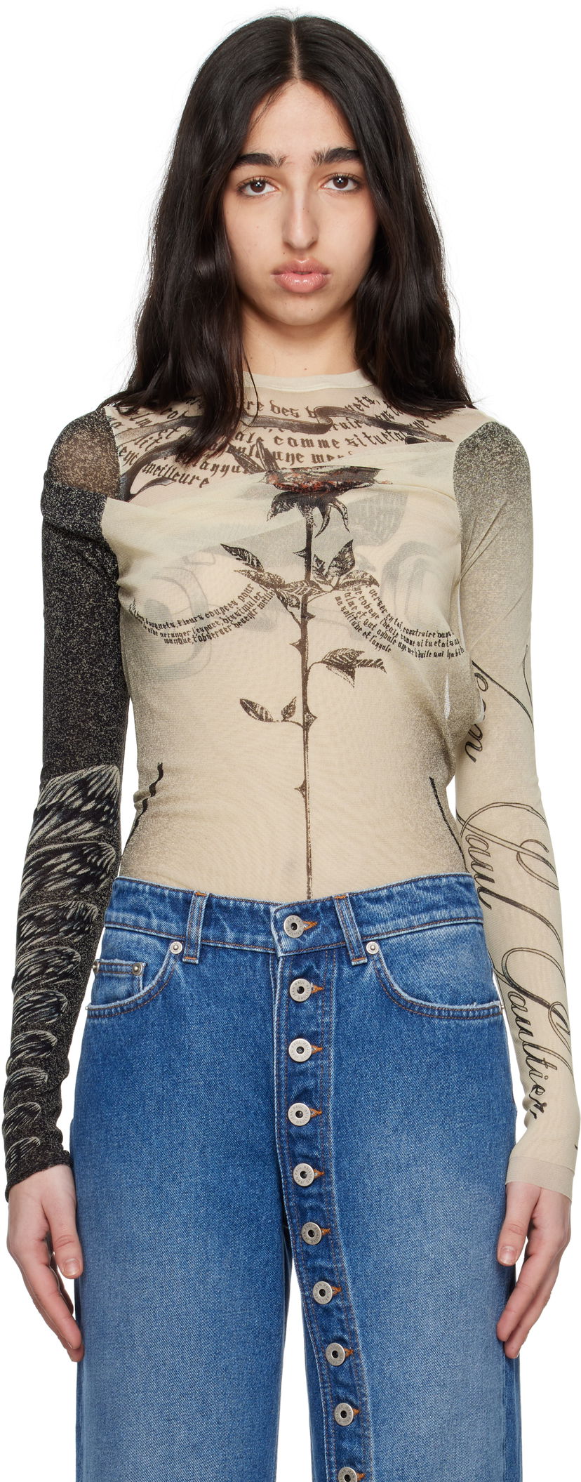 Футболки i безрукавка Jean Paul Gaultier Jean Paul Gaultier 'The Tattoo Rose and Bird' Printed Mesh Bodysuit бежевий | 25/34-F-BD066-T583-030030