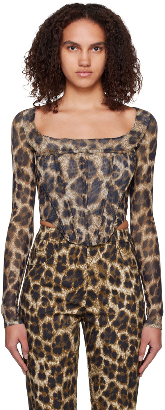 Кроп-топи Miaou Miaou Leopard Maude Long Sleeve Corset Top Коричневий | 7065PM1NIK
