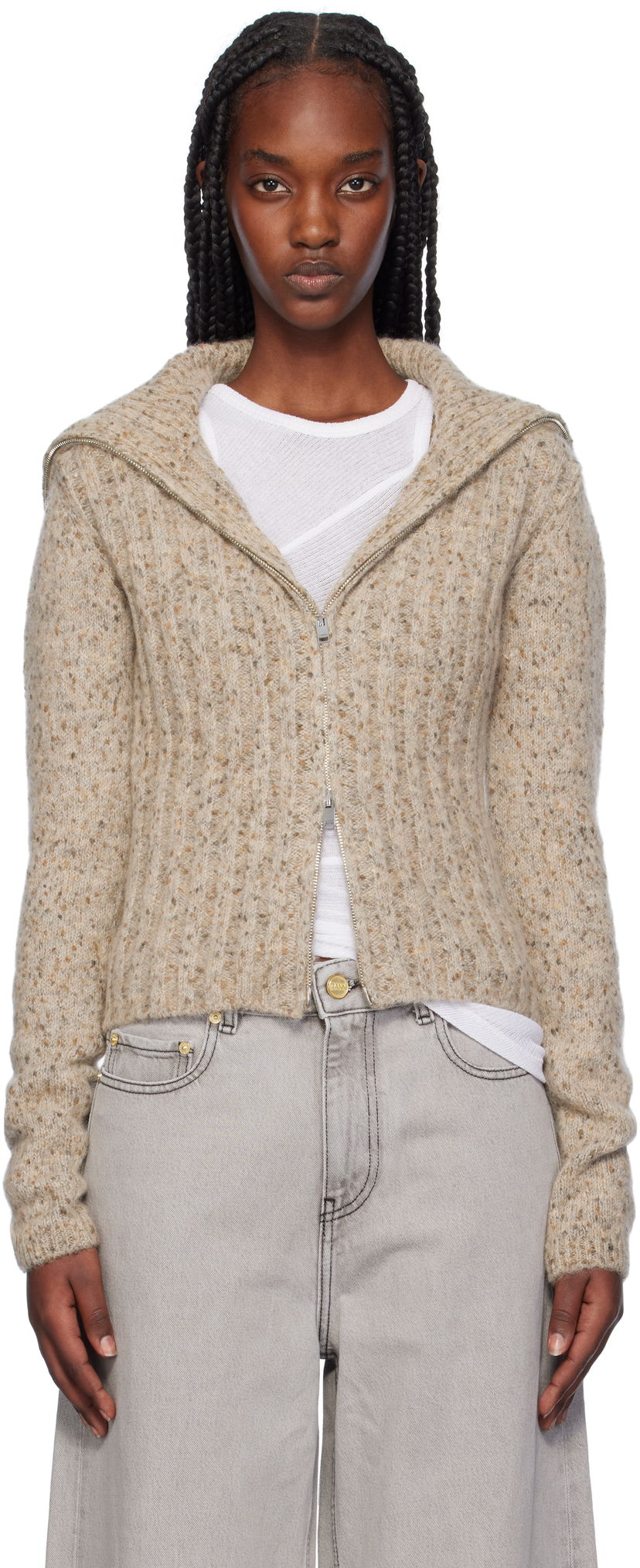 Cветр GANNI Highneck Zip Cardigan бежевий | K2277
