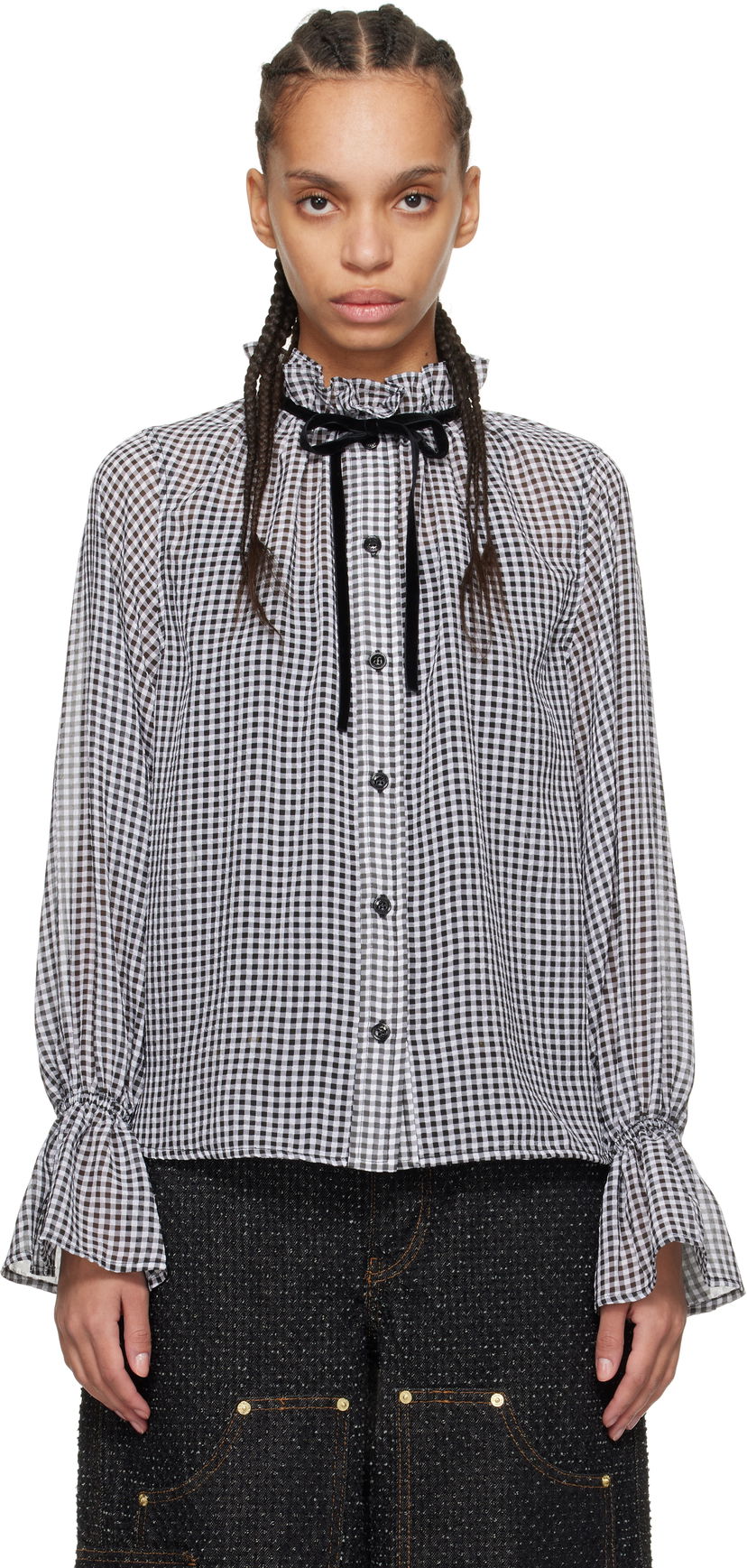 Сорочка GANNI Ganni Sheer Check Tie-Neck Blouse білий | W0155