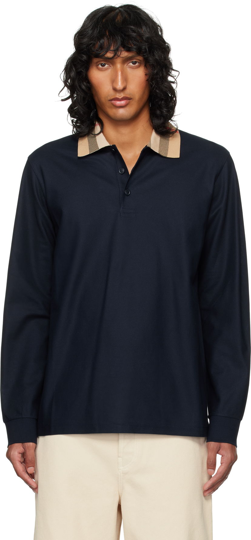 Сорочка поло Burberry Burberry Check Collar Long Sleeve Polo темно-синій | 8098813