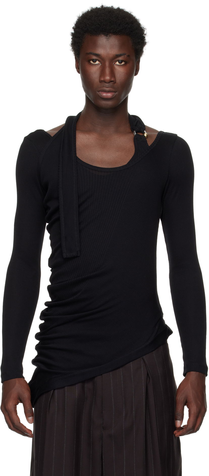 Футболка Jean Paul Gaultier Jean Paul Gaultier Ribbed Twisted Double Layer Piercing T-Shirt чорний | 25/03-W-TO287-J000-00