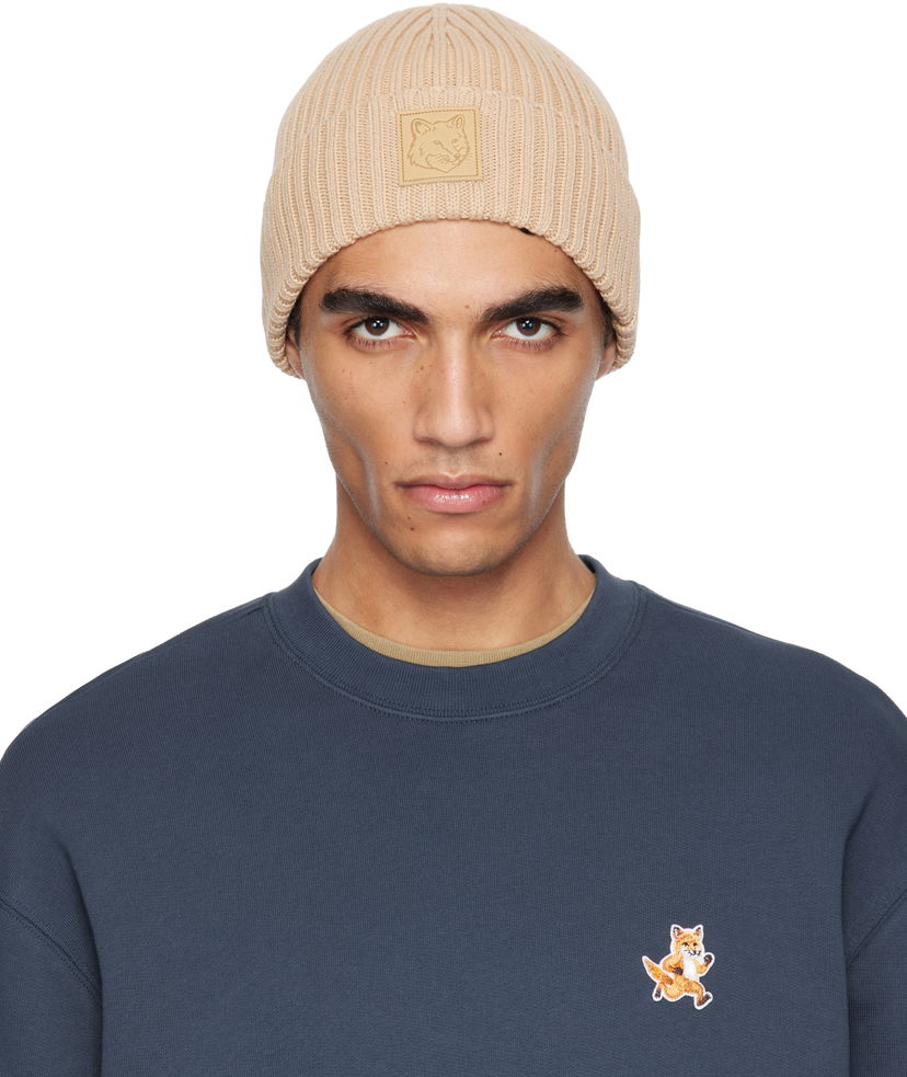 Шапка MAISON KITSUNÉ Maison Kitsuné Fox Head Leather Patch Beanie бежевий | OW06110KT1140