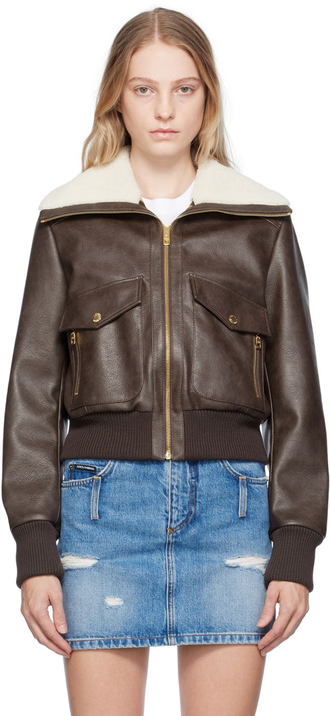 Куртка Dolce & Gabbana Brown Faded Faux-Leather Jacket Коричневий | F9Q87T GDBTY