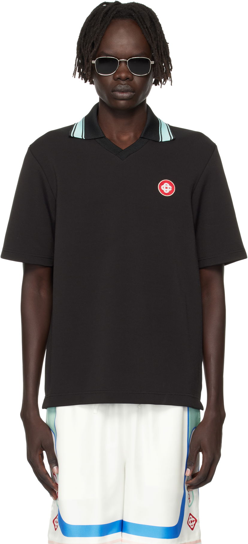 Сорочка поло Casablanca Casablanca Double V-Neck Short Sleeve Polo чорний | MPF25-JTP-381-01