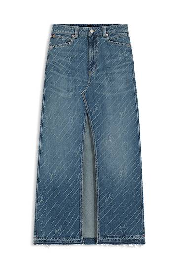 Спідниця BOSS Long Denim Skirt with Logo Pinstripe and Front Slit Синій | 50542445