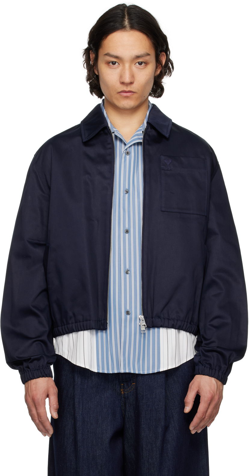 Куртка бомбер AMI AMI Paris Cotton Ami de Coeur Zipped Jacket темно-синій | HJK059.CO0103
