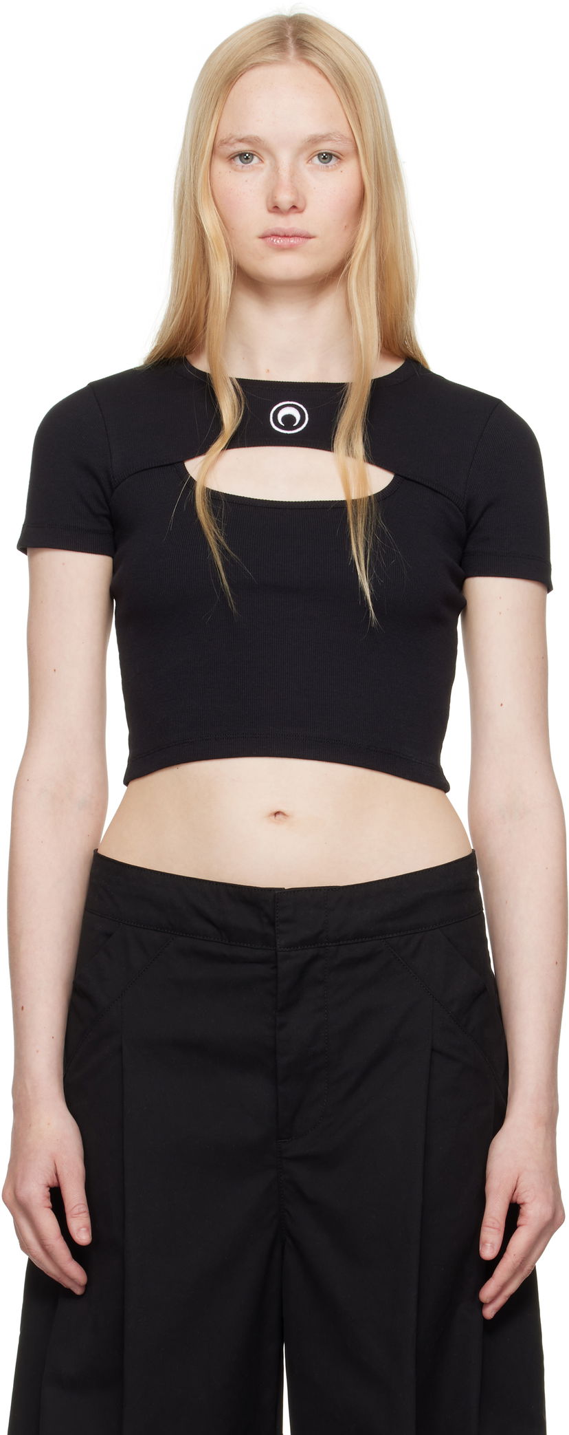 Кроп-топи Marine Serre Marine Serre Moon Logo Cut-Out Ribbed T-Shirt чорний | WTT023A CJER0011