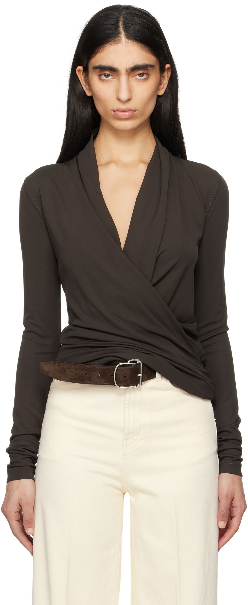 Cветр TOTEME TOTEME Overlapped Jersey Wrap Top Коричневий | 252-WRT0443-FB0162