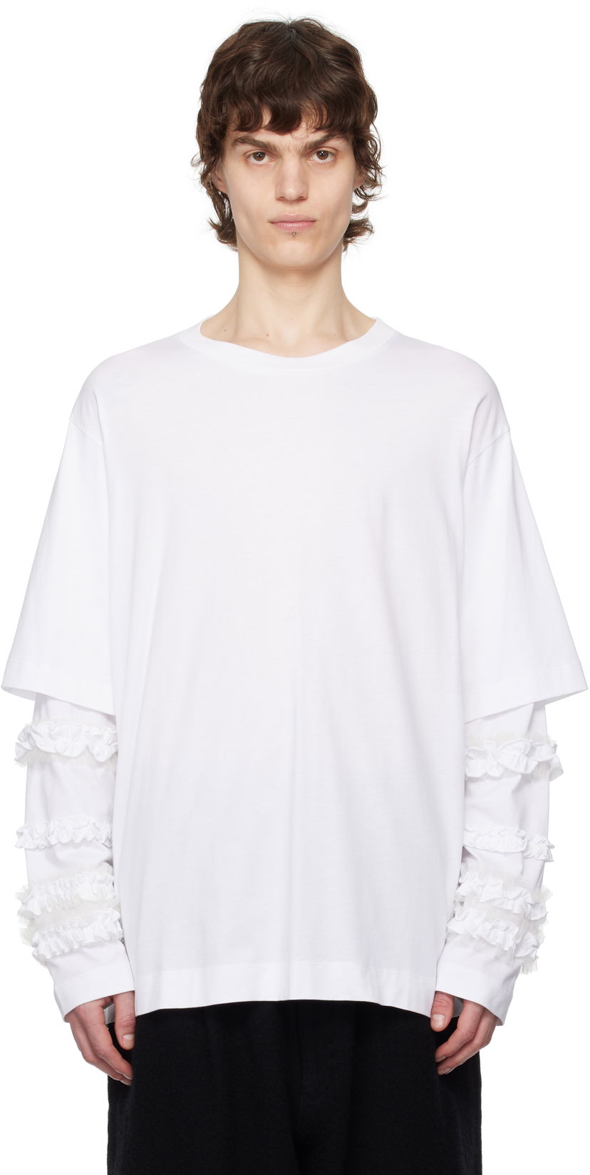 Футболка Simone Rocha Simone Rocha Layered Ruffle Frill Long Sleeve T-Shirt білий | 5326 0553