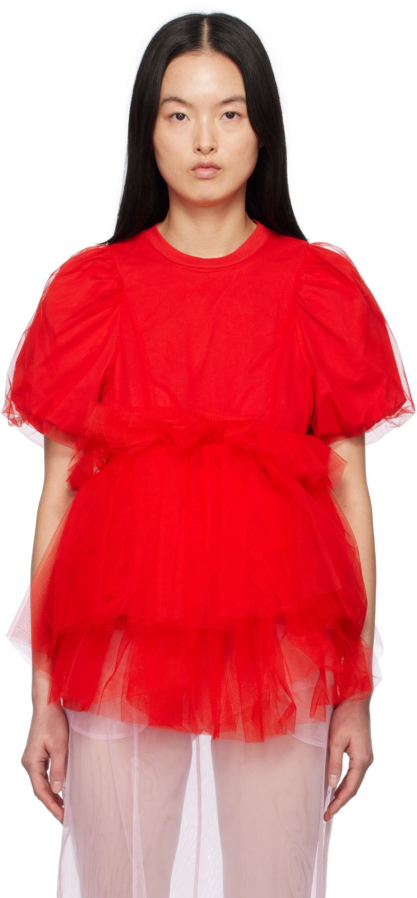 Футболка Simone Rocha Simone Rocha Tulle Overlay Puff Sleeve Tutu Hem T-Shirt Червоний | 5310 0553