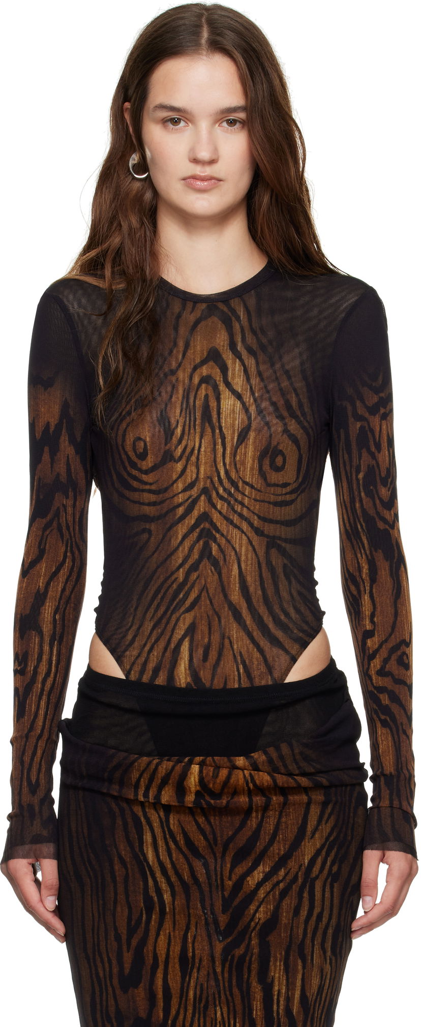 Боді Jean Paul Gaultier Jean Paul Gaultier Mesh Double Layer Wood Print Bodysuit Коричневий | 25/03-W-TO314-M002P-0060
