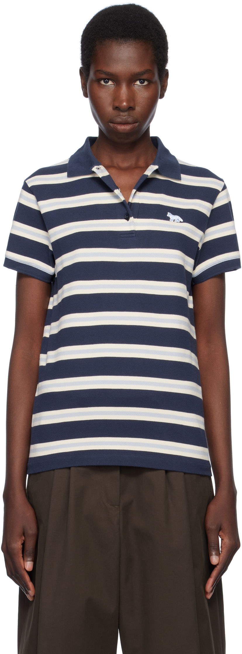 Сорочка поло MAISON KITSUNÉ Kitsuné Baby Fox Patch Stripe Polo темно-синій | OW00205KJ7010