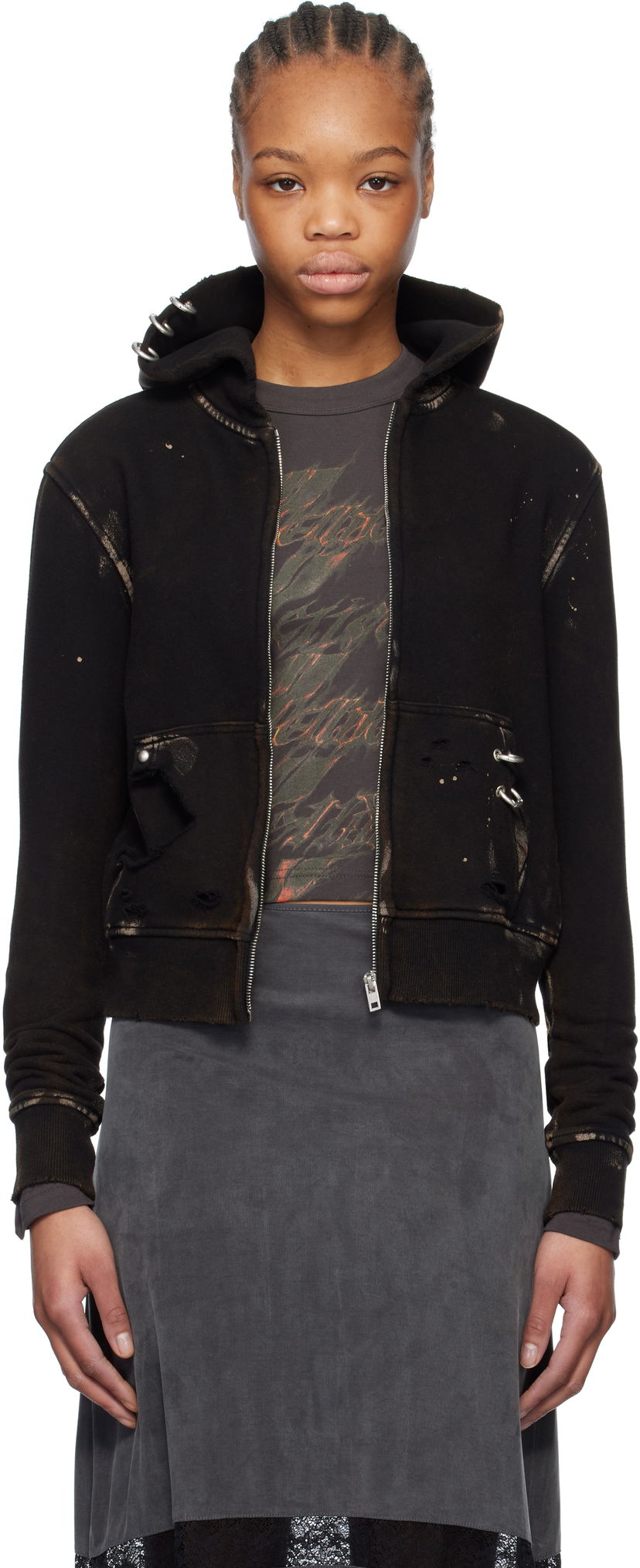 Світшоти We11done We11done Pierced Zip-Up Hoodie чорний | WD-TJ0-25-821-U-BK
