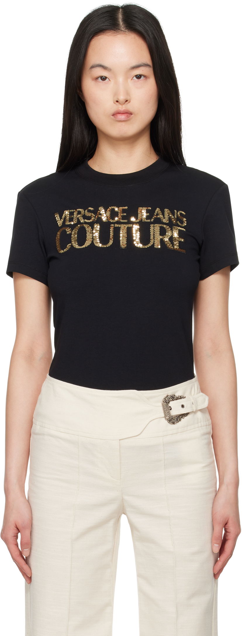 Футболка Versace Versace Jeans Couture Sequin Logo T-Shirt чорний | E78HAHE00_ECJ02E