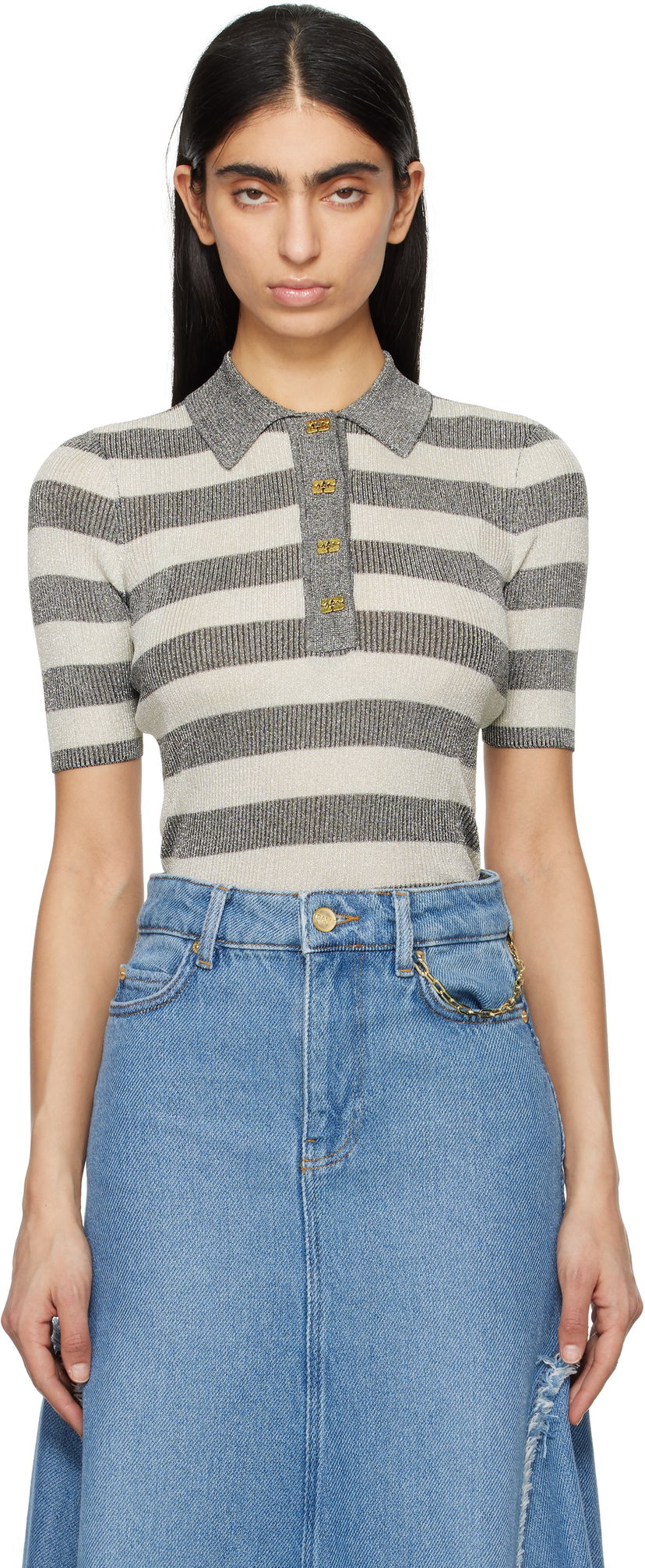 Cветр GANNI GANNI Sparkle Rib Knit Striped Polo Сірий | K2482