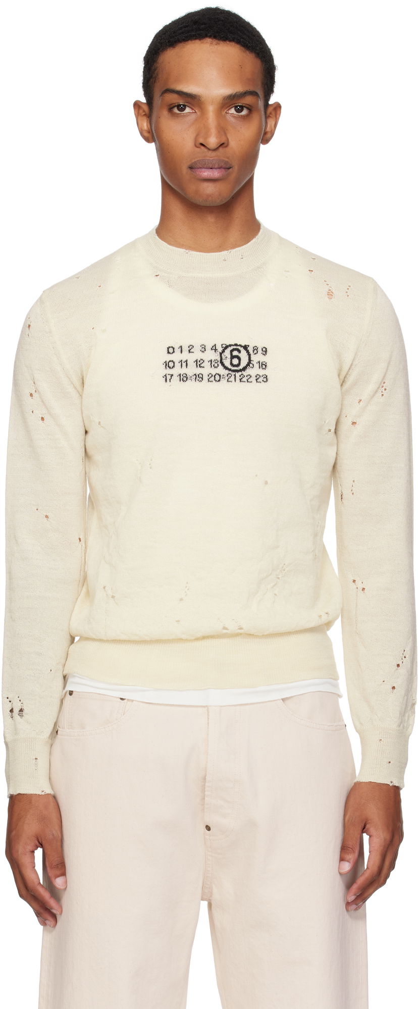 Cветр Maison Margiela MM6 Maison Margiela Distressed Wool Sweater білий | SH0HL0033 M13134