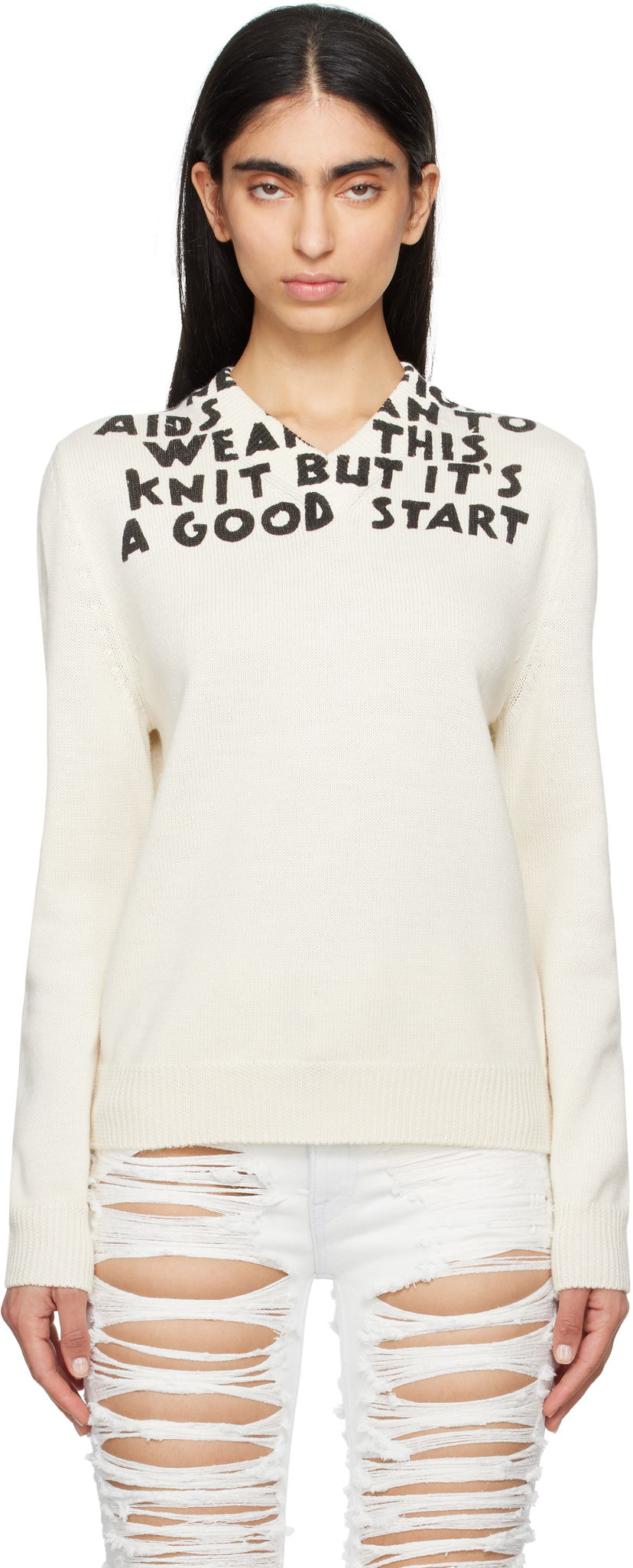 Cветр Maison Margiela MM6 Maison Margiela SIDA Print V-Neck Sweater білий | S62HN0005 M13122