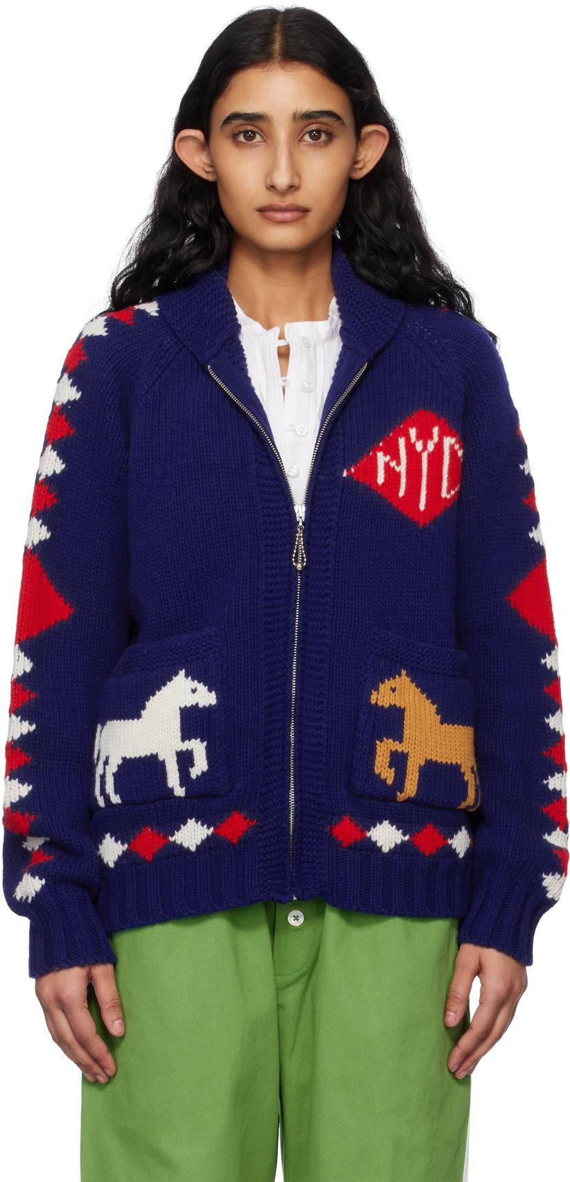 Cветр Bode Bode Diamond Corral Zip Cardigan Синій | MRS25KT015