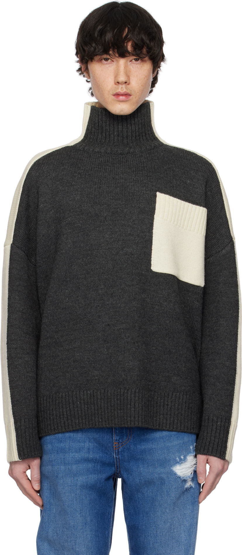 Cветр JW Anderson JW Anderson Dual Tone Turtleneck with Patch Pocket Сірий | KW1308-YN0367