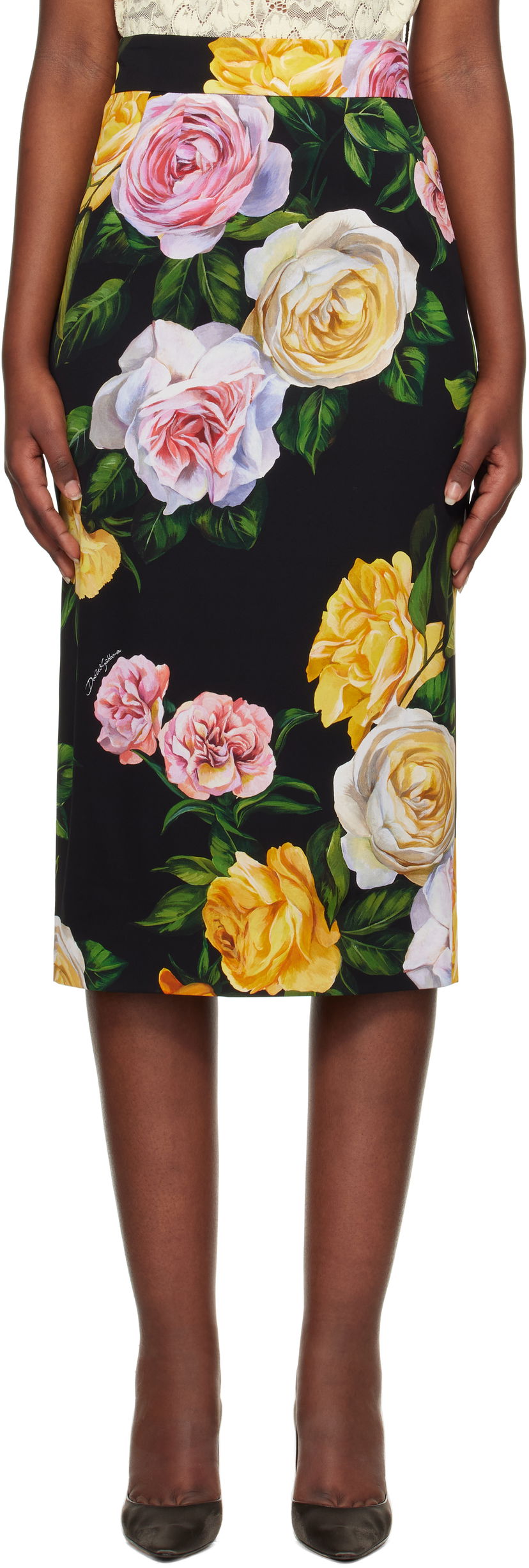 Спідниця Dolce & Gabbana Dolce&Gabbana Peony & Rose-Print Midi Skirt чорний | F4B6UT FSA7B