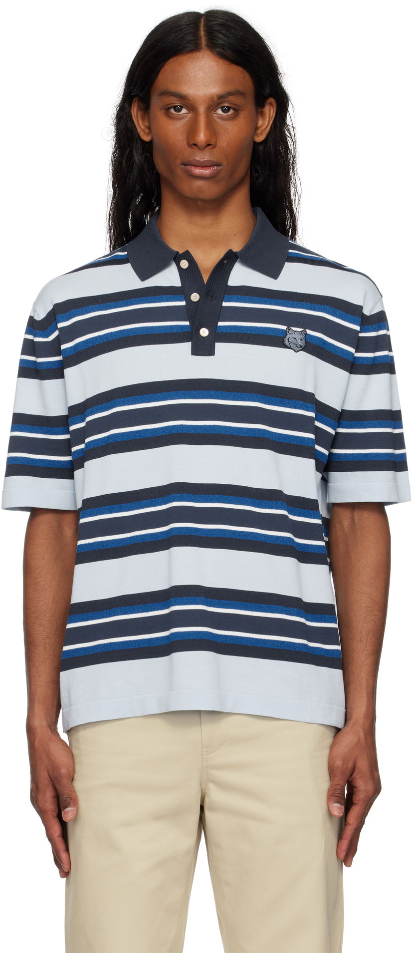 Сорочка поло MAISON KITSUNÉ Maison Kitsuné Fine Gauge Striped Polo with Fox Head Patch Синій | OM00201KT1119